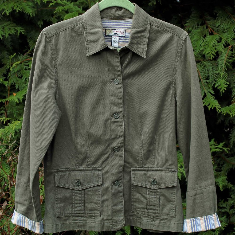 Caribbean Joe Olive Utility Jacket With Pockets & Striped Trim